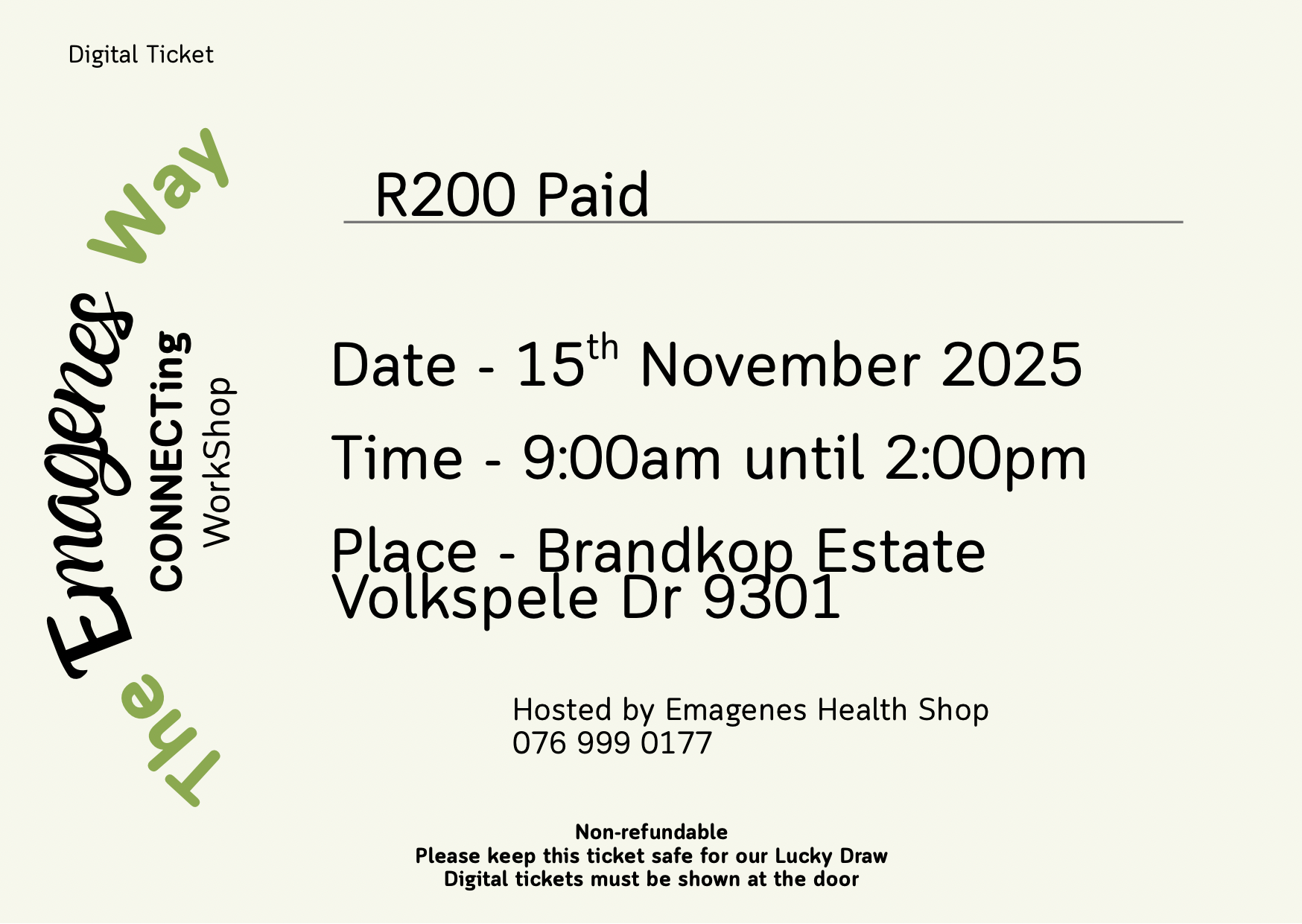 Digital ticket with event details for Emagenes Way workshop on a white background